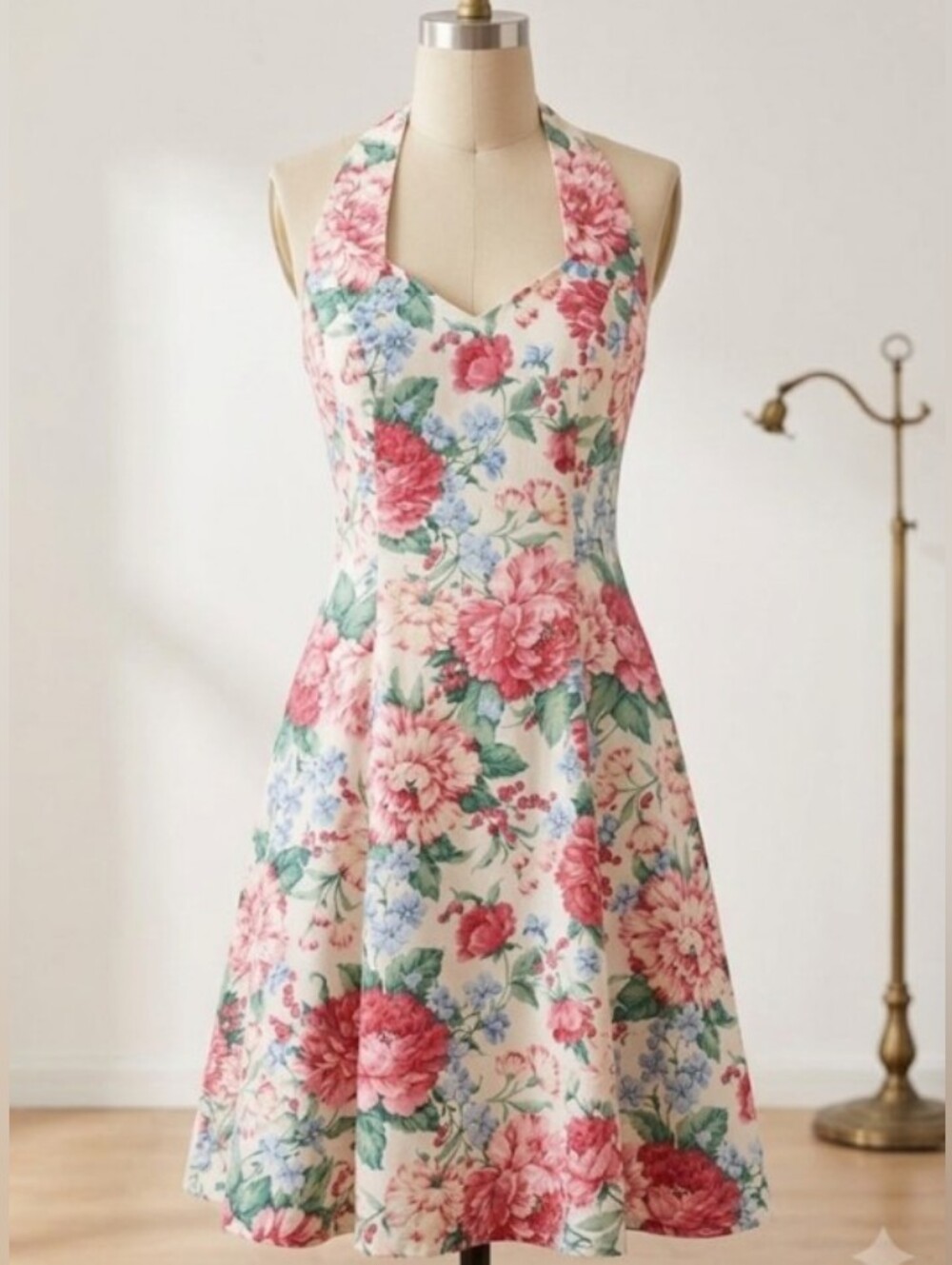 80's Halter Floral Midi Dress w/ Crinoline (Sz9) Vintage Event Feminine Coquette